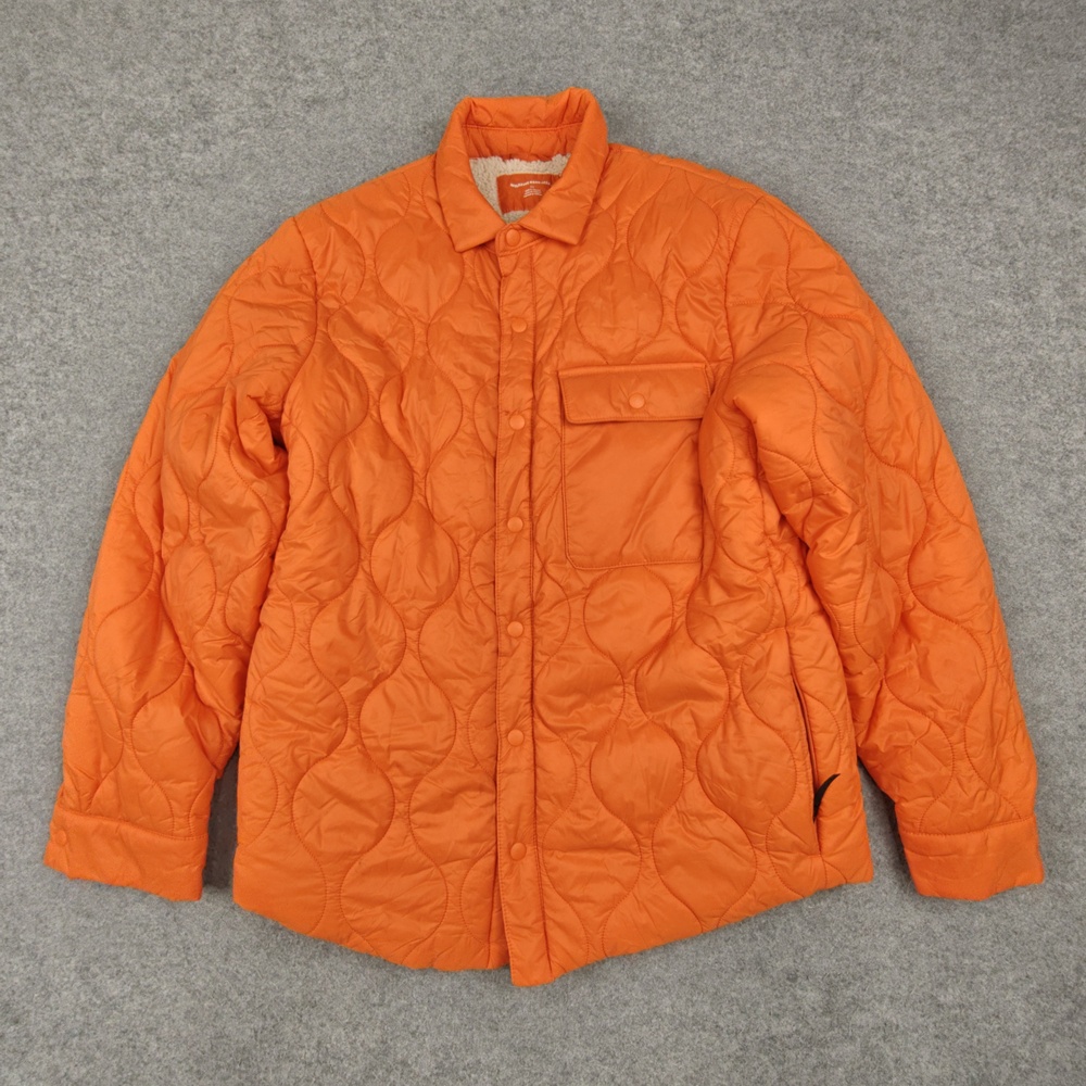 Amazon Essentials Jacket Mens Medium Orange Quilted Lined Sherpa Insulated